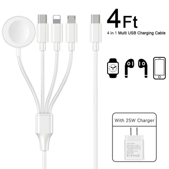 4 in 1 Multi USB Charging Cable, Portable Watch Wireless Charger Cord with USB C Port and PD 25W Fast Charging Charger for Watch Series SE/8/7/6/5/4/3/2/1, Phone, Samsung, Pixel Etc