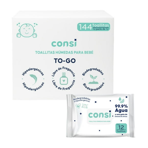 Toallitas Humedas para Bebé Consi 12 paquetes con 12 toallitas c/u (144 toallitas en total)