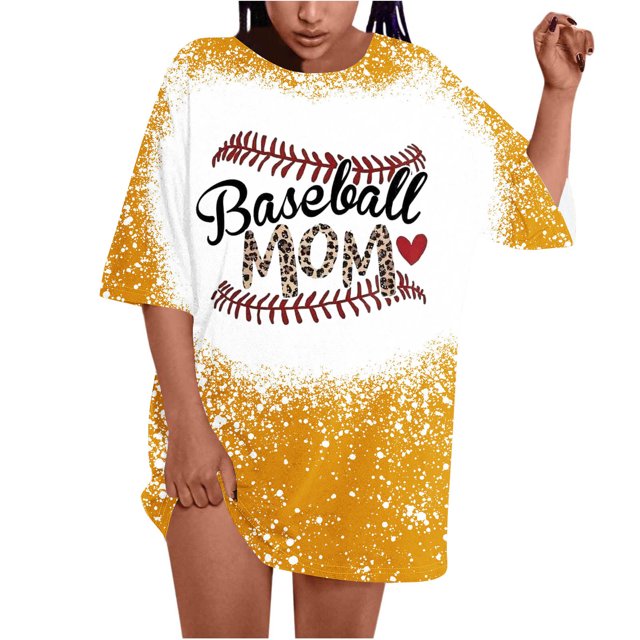 Fiudx Liquidación de Ahorros de Verano Camiseta Larga de Manga Corta con Cuello Redondo y Estampado Informal de Béisbol para Mujer
