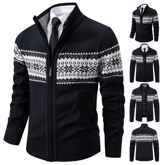 Manteau Chandail d'Hiver pour Homme à Manches Longues, Col Montant, Imprimé, Cardigan à Carreaux, Veste, Chaud, Doublé, Vêtement d'Extérieur
