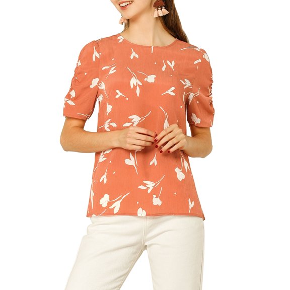 Unique Bargains Women's Floral Crew Neck Shirred Short Sleeve Casual Top XS Coral