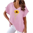 thumbnail image 1 of Camiseta de Manga Corta con Cuello en V con Impresión de Girasol, Algodón Casual Y Top de Cáñamo, 1 of 6