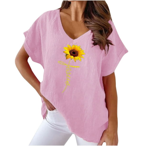 Camiseta de Manga Corta con Cuello en V con Impresión de Girasol, Algodón Casual Y Top de Cáñamo