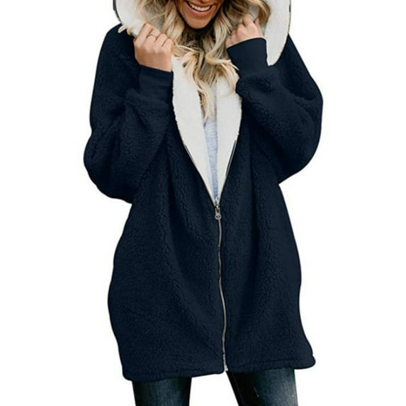 Niuer Women Full Zipper Hooded Jackets Ladies Plus Size Fluffy Fleece Warm Coat Zipper Cardigan Long Sleeve Outerwear