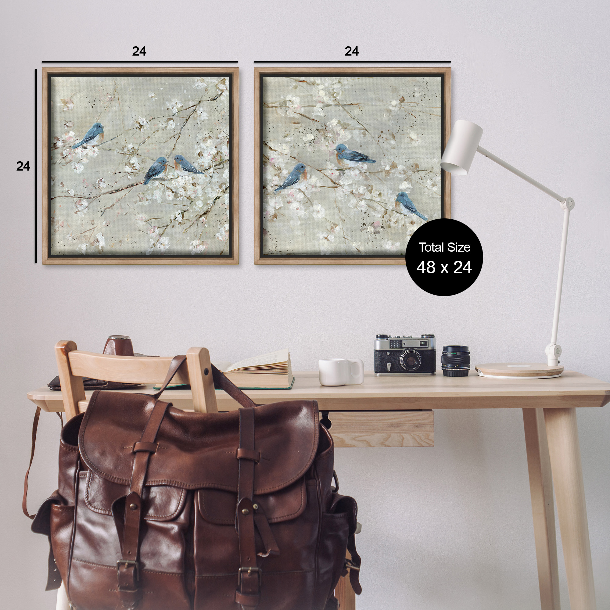Stupell Industries Blue Birds Perched Tree Blossoms Animals & Insects Painting Brown Floater Framed Canvas Art Print Wall Art, 25 x 25, Set of 2