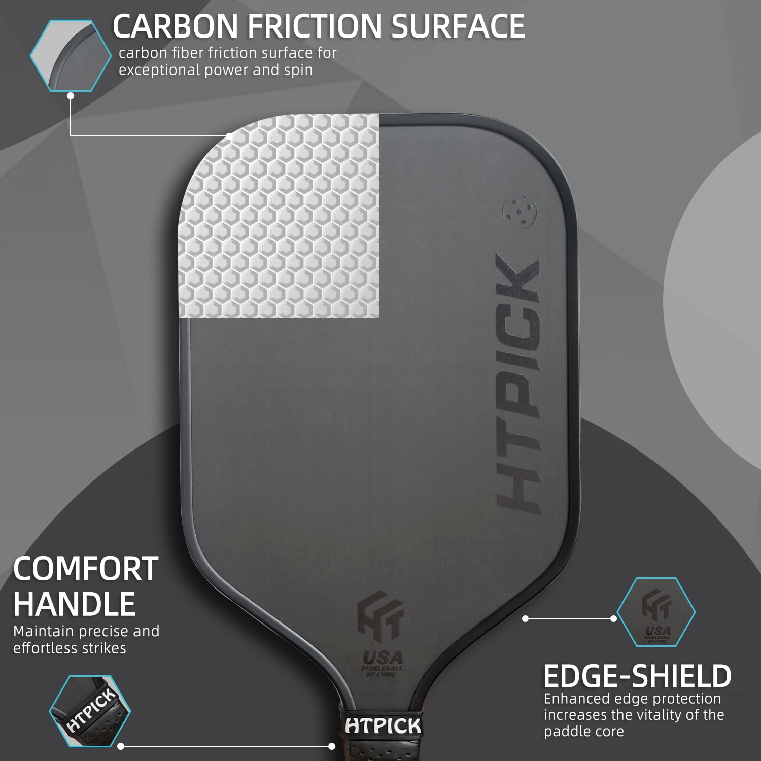 HTPICK Pickleball Paddle T700 Carbon Fiber Cold-Pressed Textured Black 1 Count