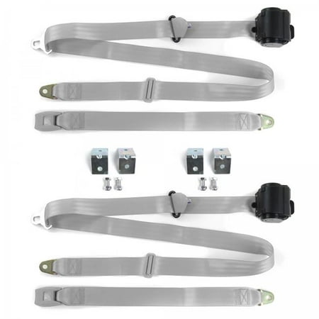 Standard 3 Point Gray & Grey Retractable Bucket Seat Belt Kit with Bracketry for Camaro 1970-1981 - 2 Belts
