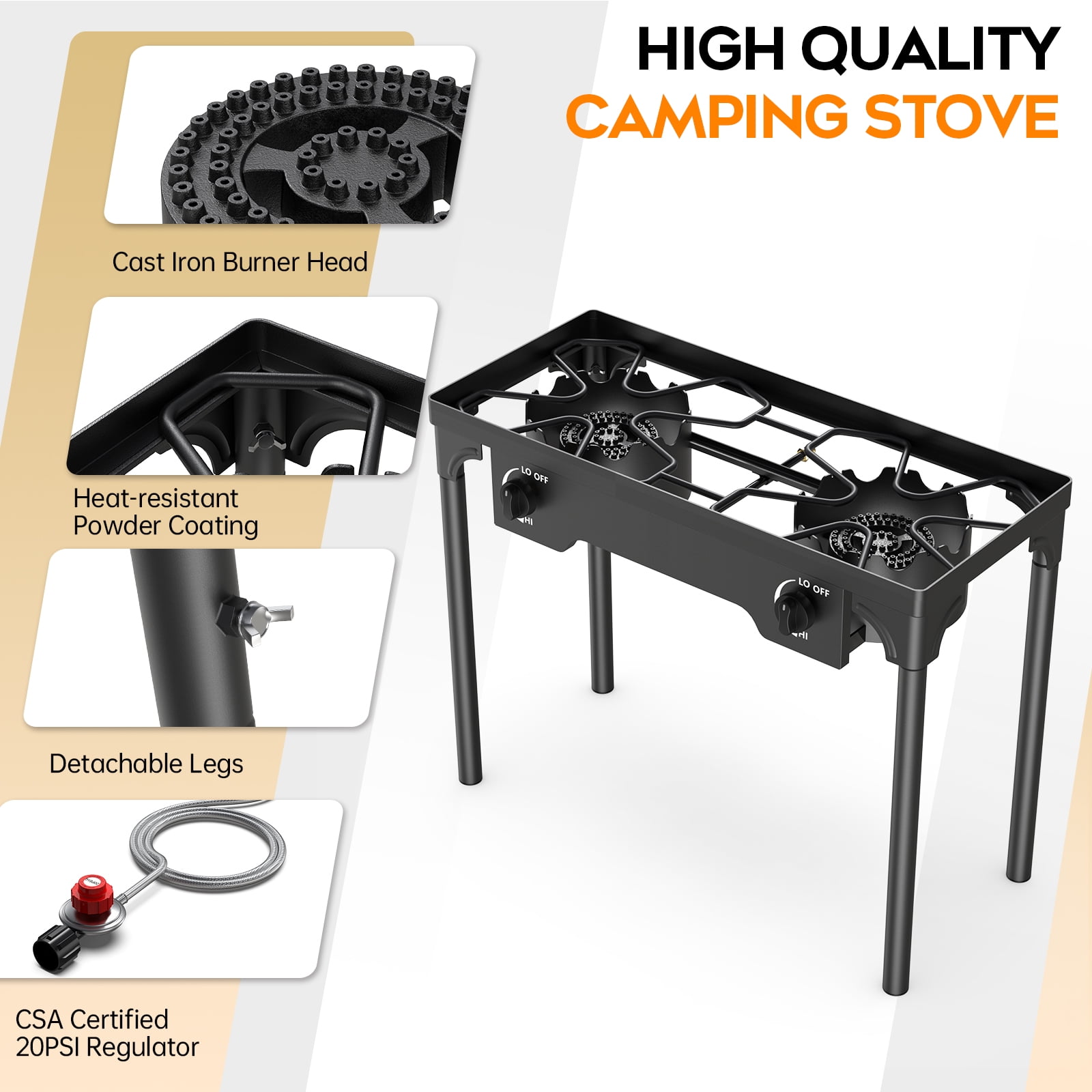 LNOW Gas Cooker Outdoor Propane Camping Stove with Wind Panel Picnic Stove Stand BBQ Grill Portable 150000 BTU Gas Stove 2 Burner for Camping