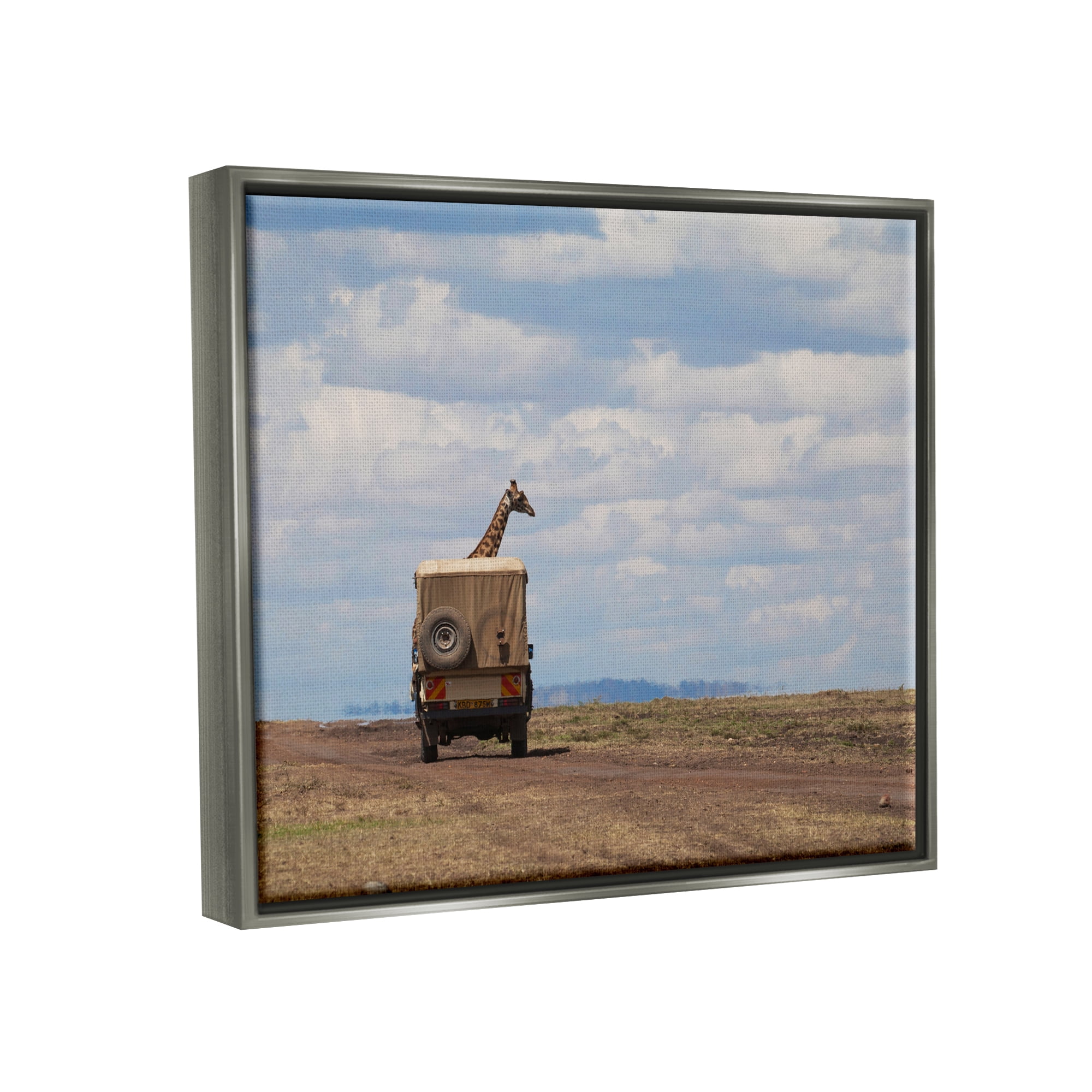 Stupell Industries Giraffe in Safari Vehicle Animals & Insects Photography Gray Floater Framed Canvas Art Print Wall Art, 21 x 17