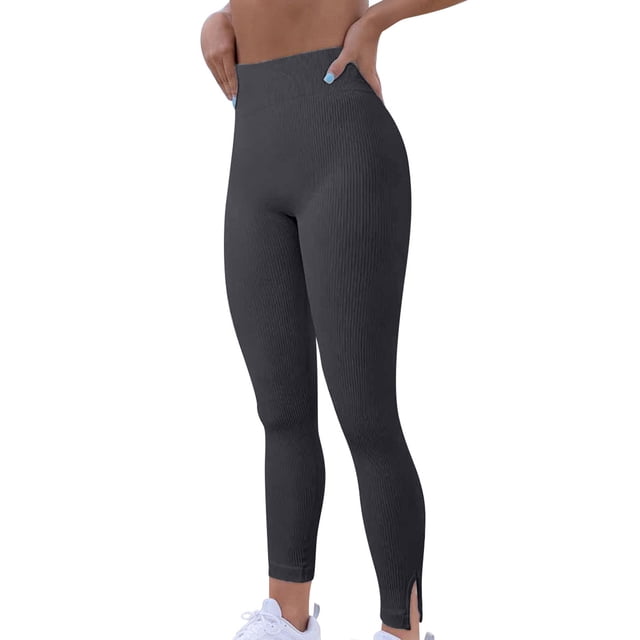 Womens Ribbed Yoga Leggings High Waisted Workout Pants for Women Solid Color Stretchy Joggers Bottom Legging