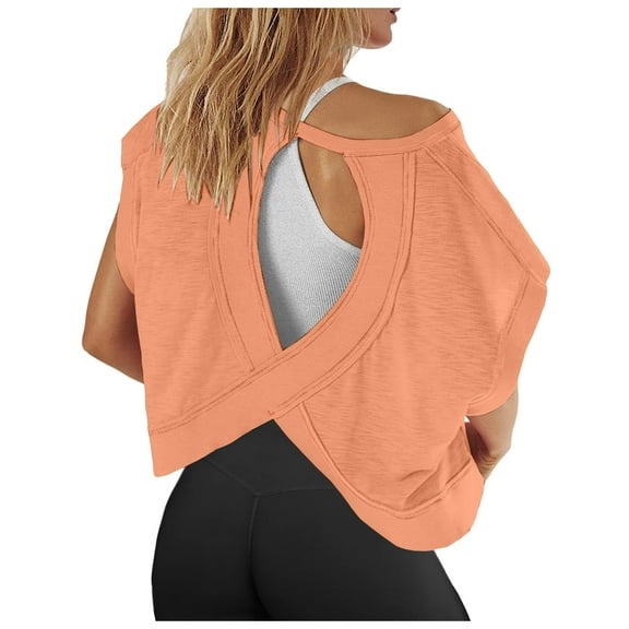 Shwomsmer Tee Shirts Womens Women Short Sleeve Workout Shirts Open Back Tops Casual Yoga Athletic Gym Slouchy Crop Running Tees