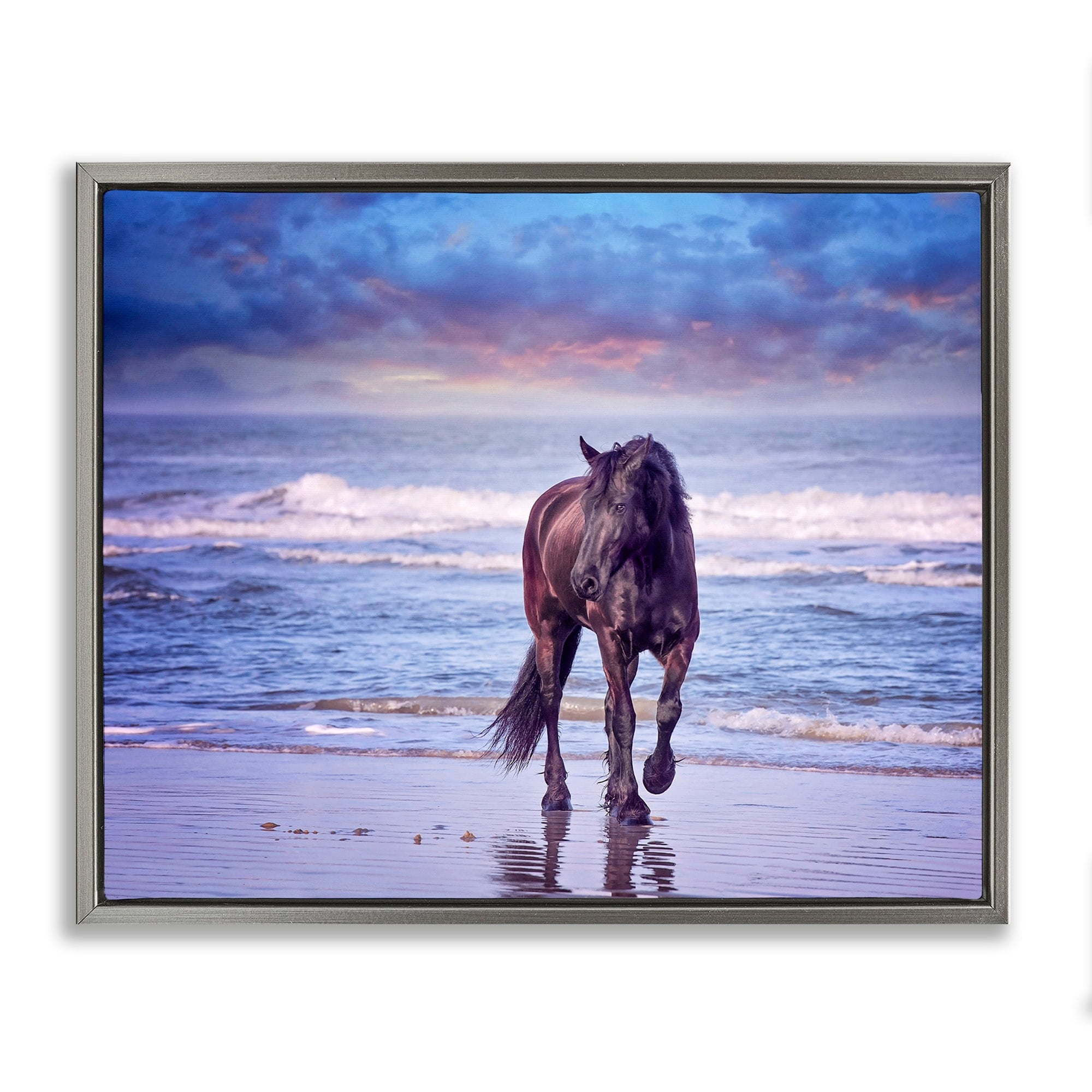 Stupell Industries Wild Horse on Beach Colorful Blue Sunset Luster Gray Framed Floating Canvas Wall Art, 16x20, by PHBurchett