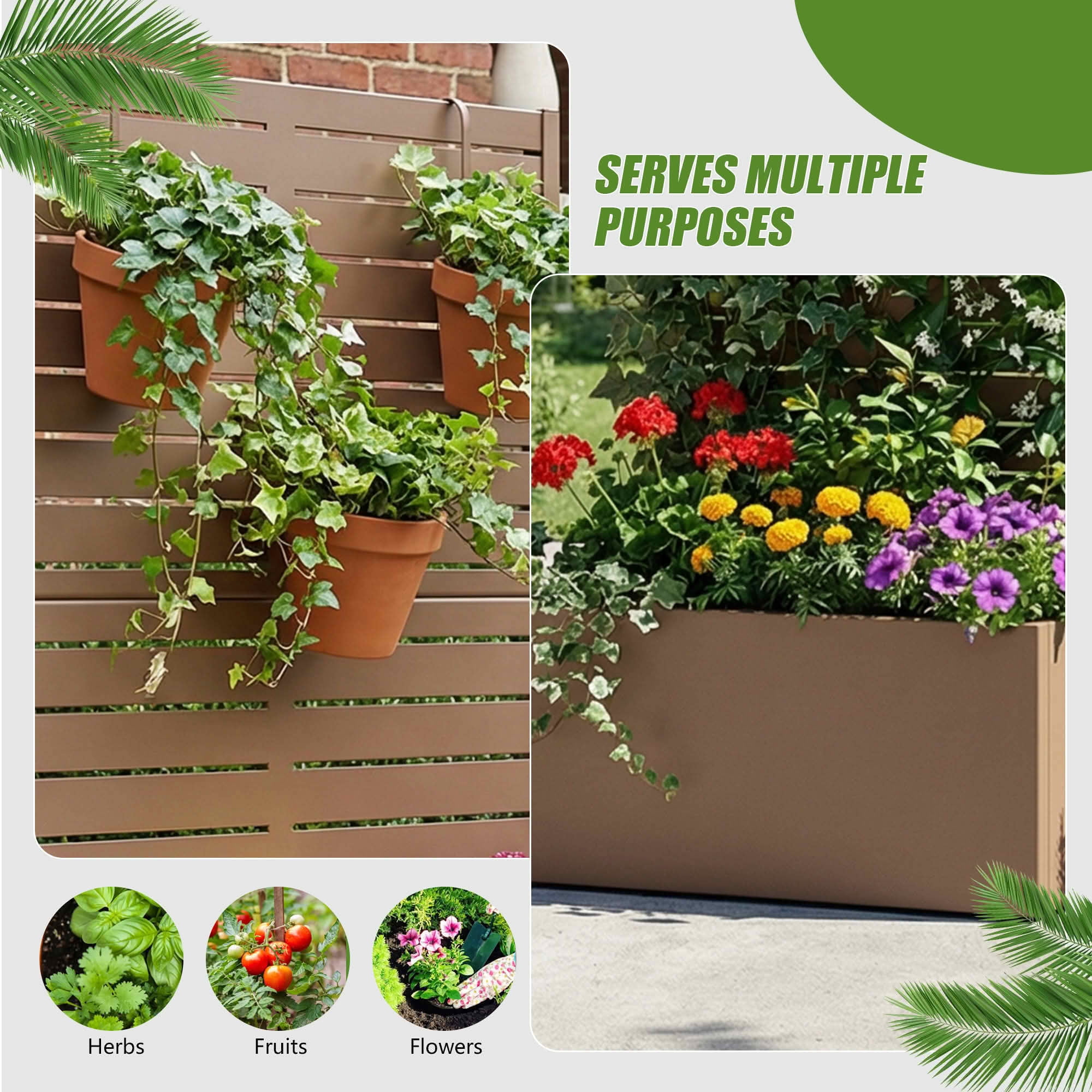 MAYEERTY 47x24 Brown Rectangular Iron Planter Box with Trellis, 2 Piece Set Decorative Garden Screen for Patio and Balcony