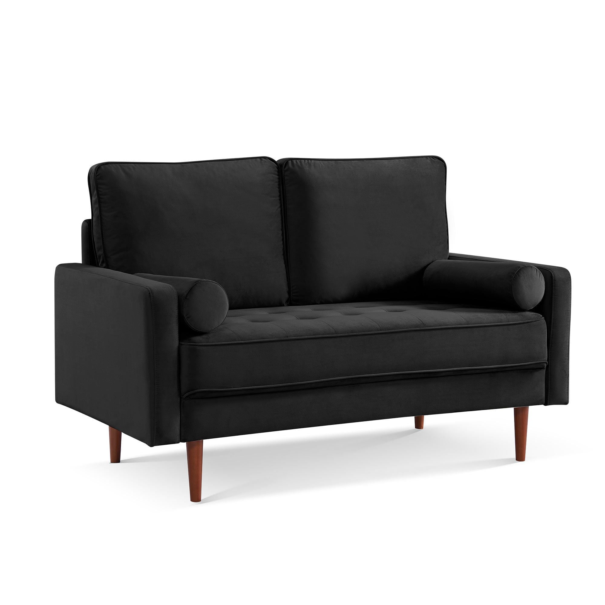 Dixie 57" Small Sofa Loveseat Couch, Premium Velvet Fabric And 2 Bolster Pillows Suitable for Apartment or Small Living Room, Black