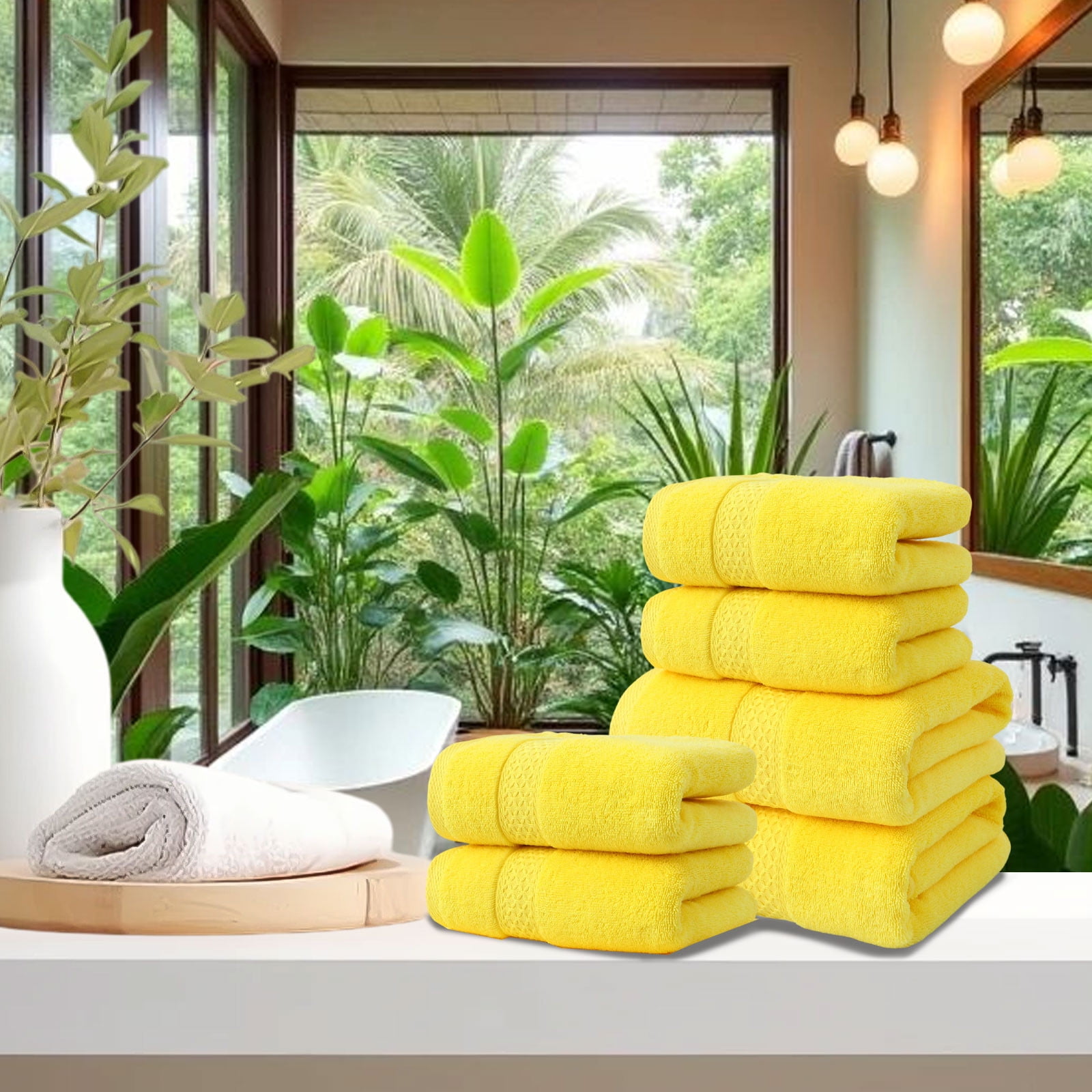 Beautynvta Cotton Plain 4 Piece Towels Set, Cotton Soft Absorbent Towels for Bathroom, 2 Bath Towels 2 Hand Towels, Yellow
