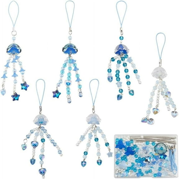 1 Box 380Pcs DIY 6 Sets Phone Charms Making Kit Jellyfish Phone Charm Kit Summer Ocean Hawaii Blue Phone Keychain Charms for Women Adult Keychains Moblie Phone Case Bag Camera Decororaion
