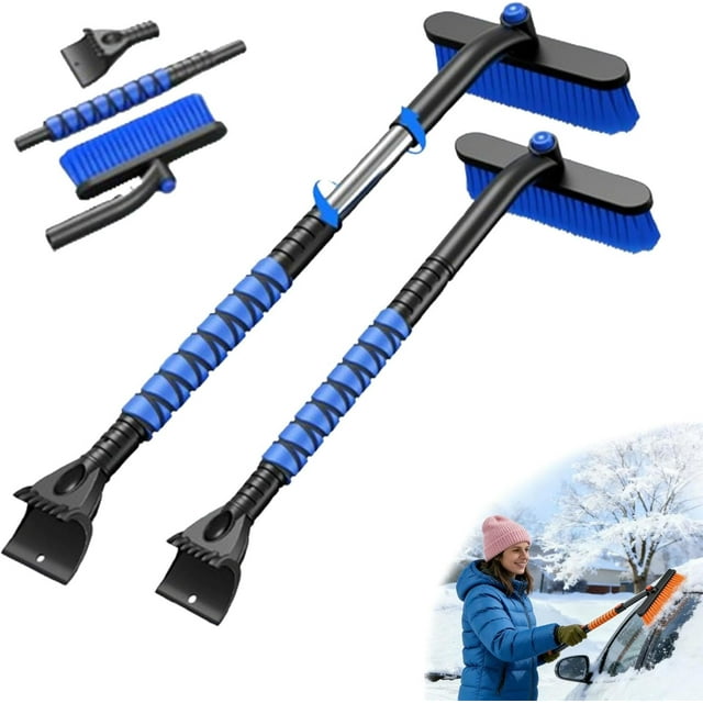 Multi-Functional Car Snow & Ice Removal Tool, Extendable 5-in-1 Snow Brush & Ice Scraper with 360° Pivot Head forWindshield, Non-Scratch Snow Removal for Cars, Trucks and SUVs, Non-Slip Handle (Blue)