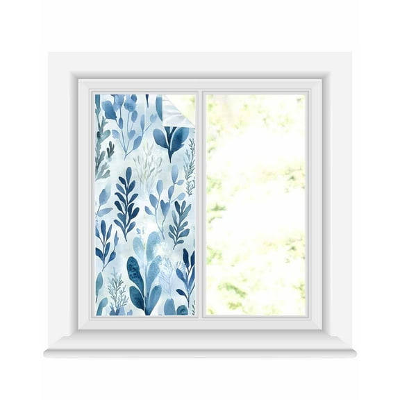 Window Privacy Film Blue Botanical Stained Glass Window Film Decorative Sun Block Window Cover Watercolor Spring Summer Leaf Pastoral Window Clings Static Adhesive Sticker for Bathroom 17.7"x39.3"