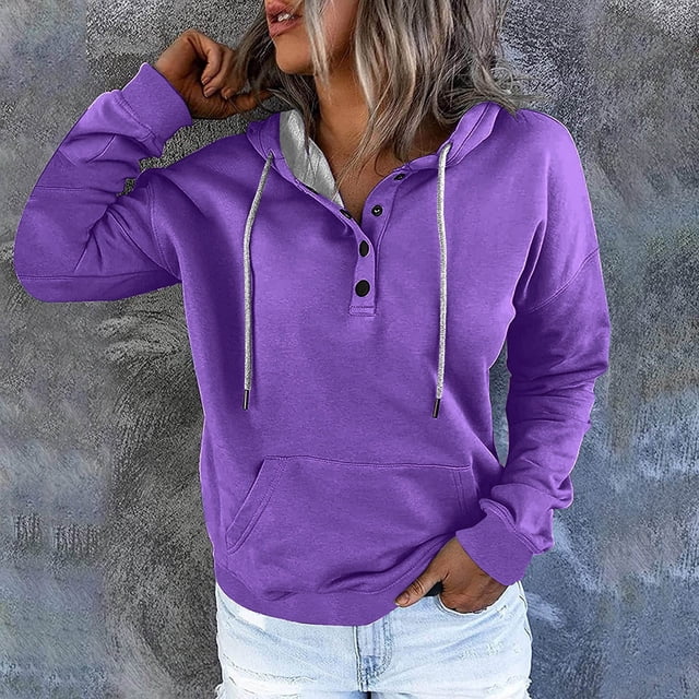ICHUANYI Clearance Women's Fashion Printed Pocket Long Sleeve Blouse Casual Tops Sweatershirt Button Hoodies(Purple, L) ICHUANYI WER2023081204166