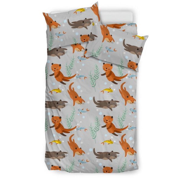 Juego de cama con estampado de pez nadador y nutria