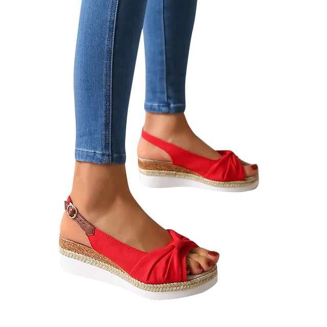 Sandals for Womens Wedge Heel Slingback Open Peep Toe Bow Leather Surface Rope Sole Adjustable Buckle Linen Breathable Non Slip Beach Summer Casual Shoes Red