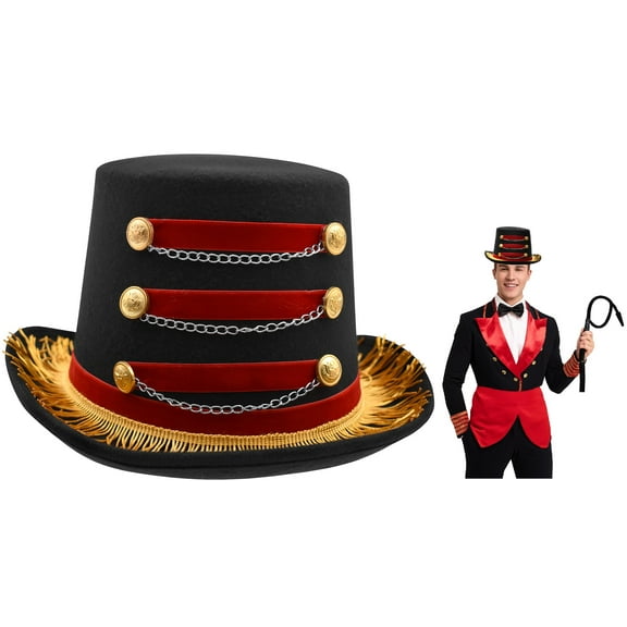 Nicky Bigs Novelties Deluxe Ringmaster Top Hat Red Black Circus Coachman Hat with Gold Fringe Buttons Chains Lion Tamer Carnival Burlesque Halloween Costume Accessory for Adults