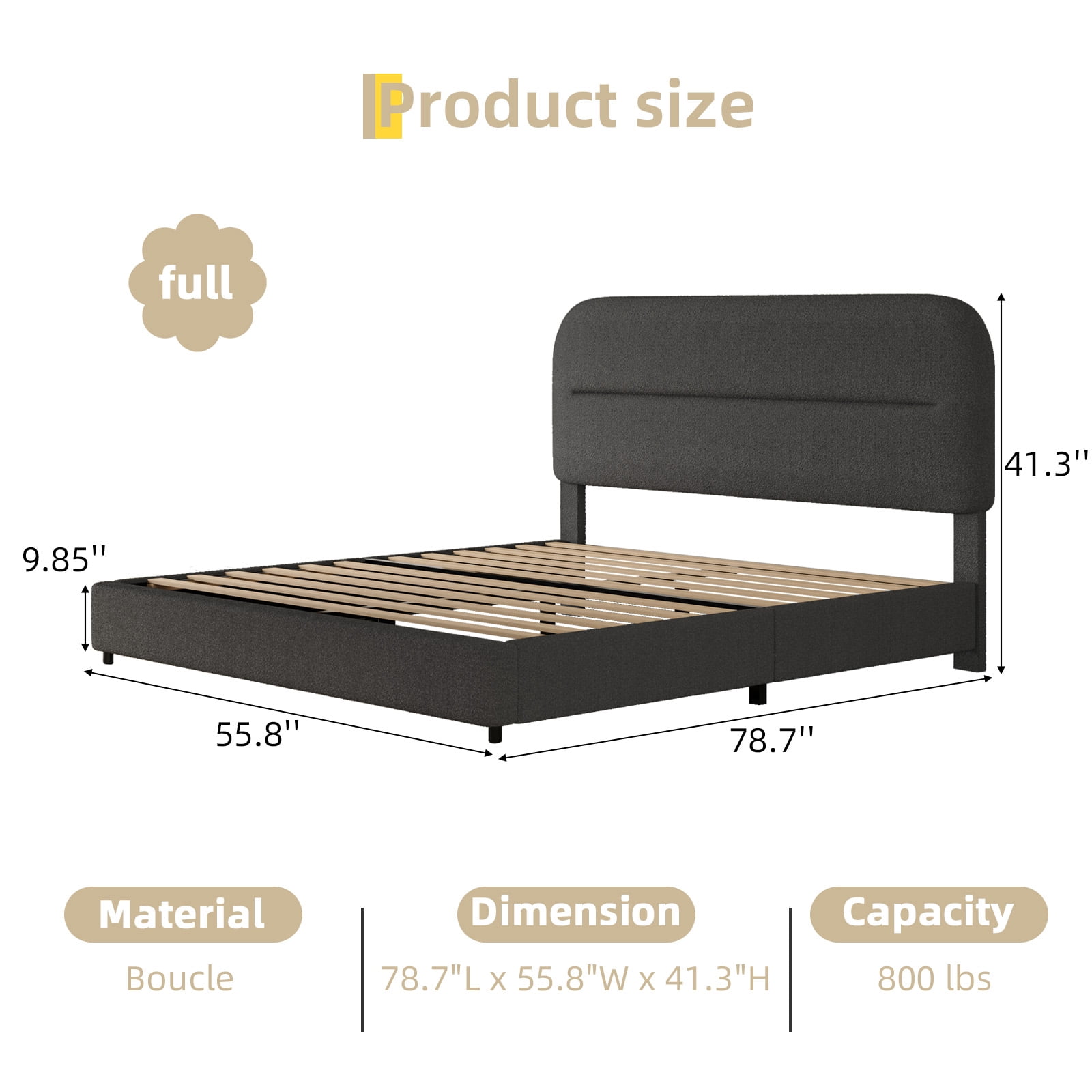4 EVER WINNER Full Size Boucle Bed Frame with Headboard, Upholstered Platform Bed with Wood Slats, Soft Rounded Corners, No Box Spring Required, Non-Slip and Noise-Free, Easy Assembly, Grey