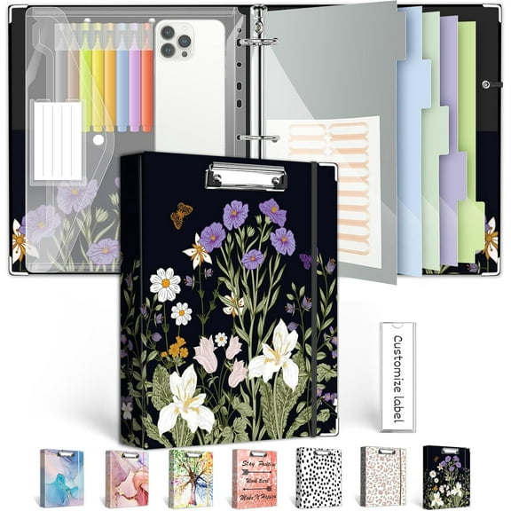 3 Ring Binder 1 Inch, Three Ring Binders Organizer with Clipboard, 5-Tabs Pockets Dividers, Plastic Folder, 18 Divider Stikers, Pretty Binder with Pen Loop (Black Weeds, Letter Size)