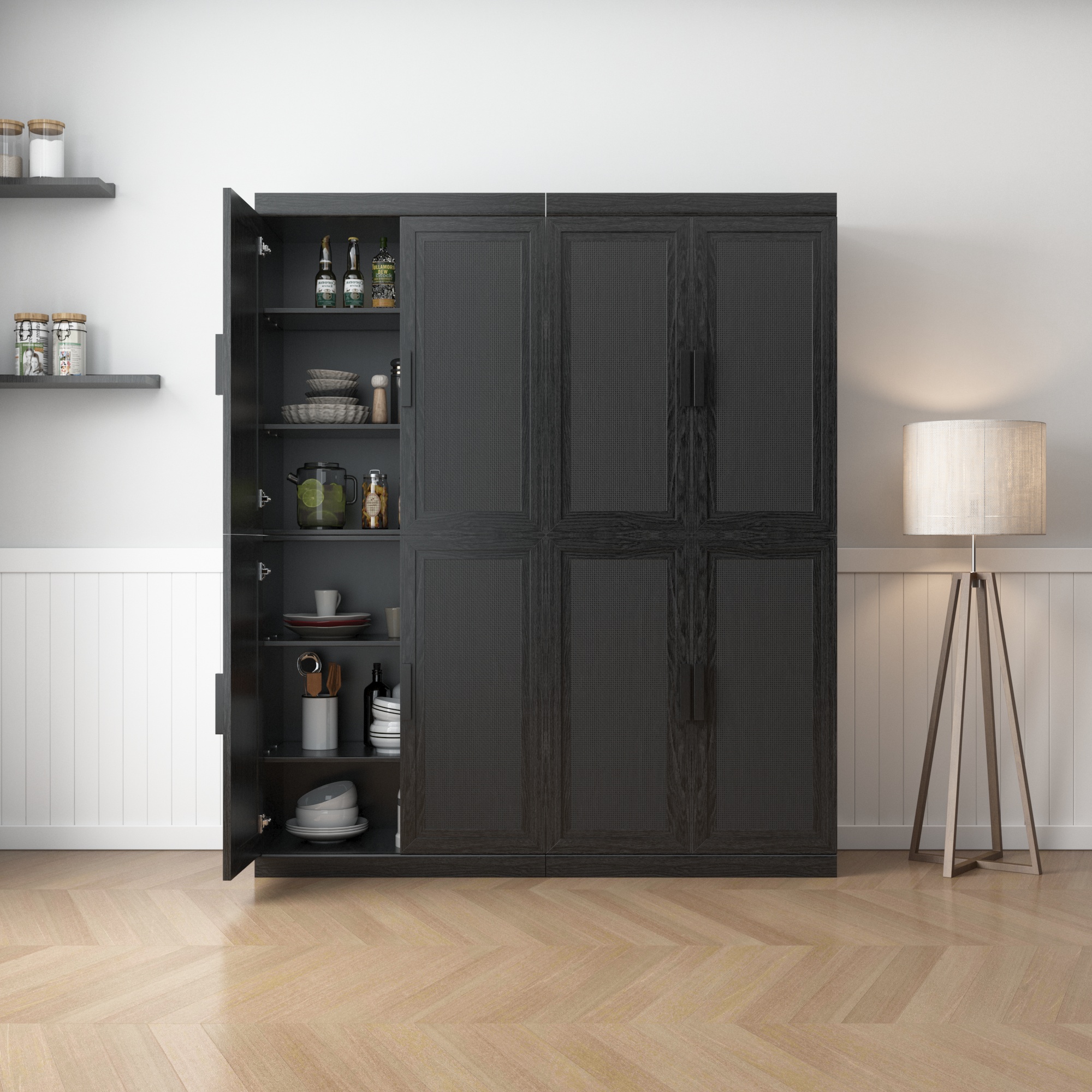 MAYEERTY 36"×31"×16" Black Wood-Grain Storage Cabinet - Rattan Woven Doors, Spacious for Living Room