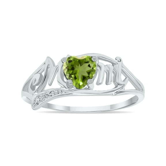 SZUL Women's Peridot and Diamond Heart Shaped MOM Ring in 10K White Gold