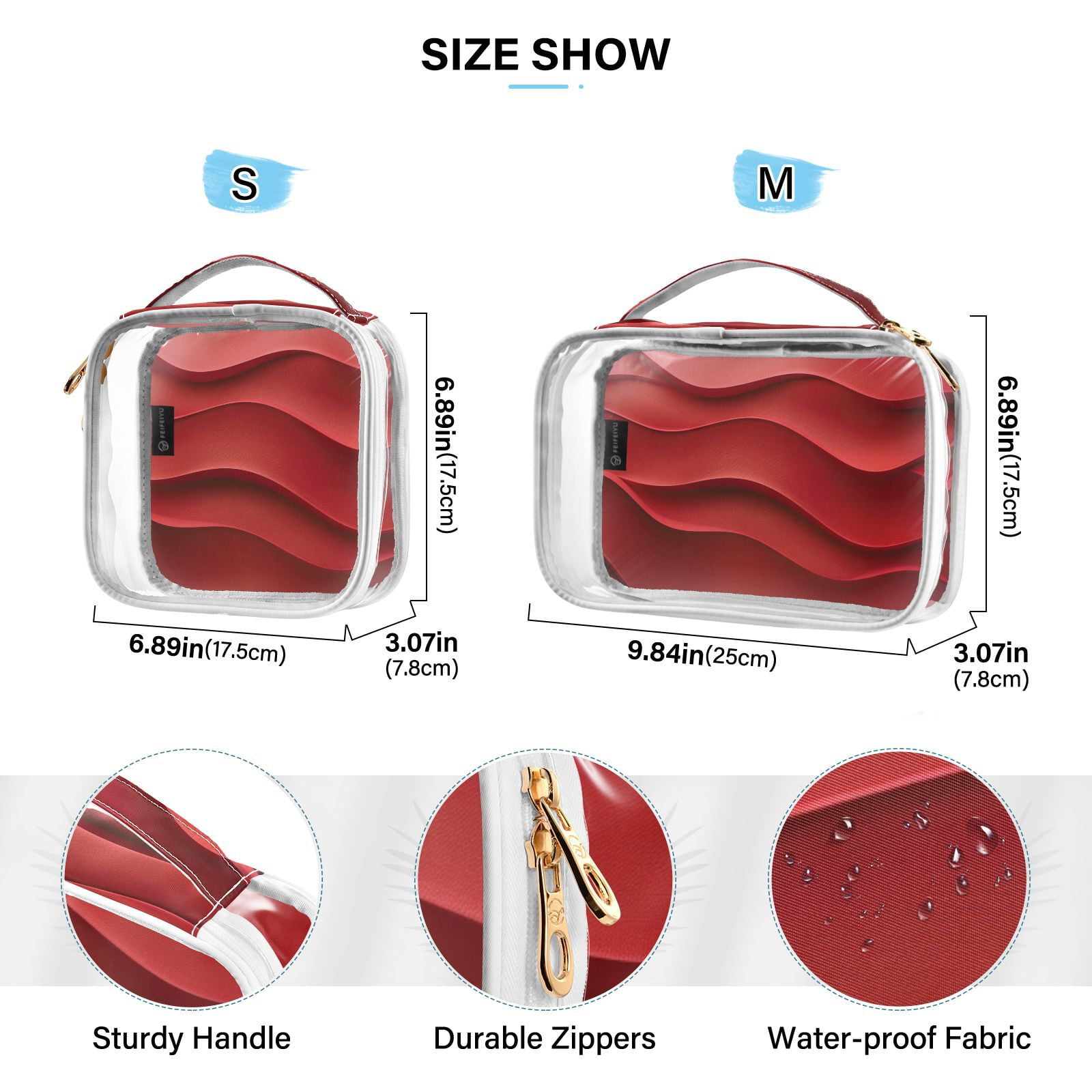 Clear Makeup Bags with Handle Large Opening 2 Pack Set Toiletry Bag Quart Size Bag, for Women Man Traveling Travel Essentials, Toiletries and Other. Red Wave