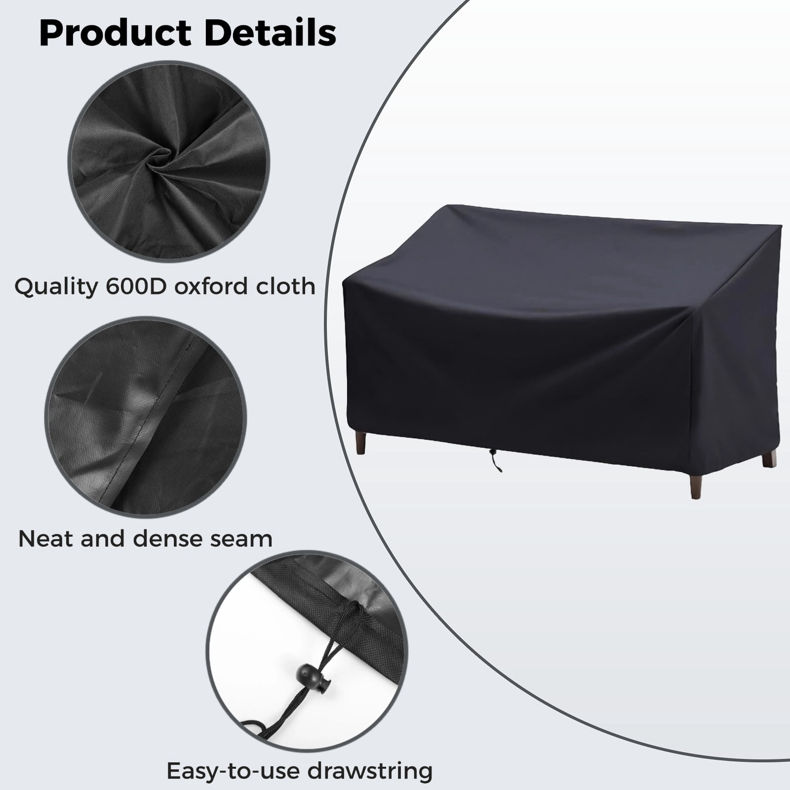 Heavy Duty 600D Outdoor Bench Cover for 3-Seater – Waterproof & UV Resistant Patio Furniture Cover with Air Vents, Windproof Straps & Storage Bag, 64.2" x 26" x 35", Black