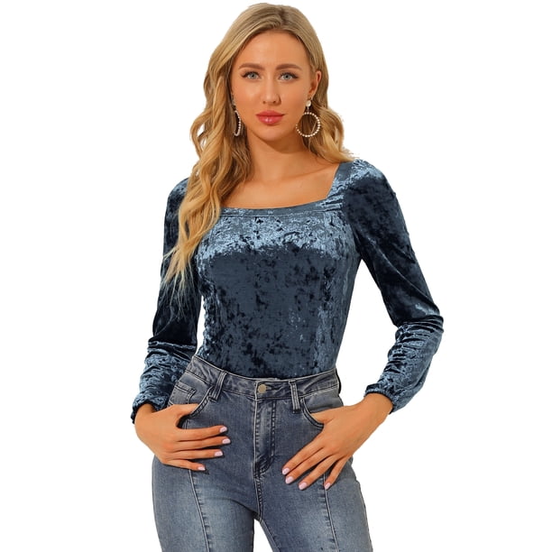 Blusa De Terciopelo De Color Sólido De Manga Larga Con Cuello Cuadrado Y Traje Navideño Para Mujer Azul polvoriento L