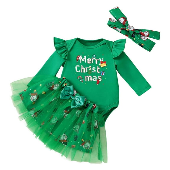 FYEGRE My First Christmas Baby Girls Holiday Party Outfit Set with Long Sleeve Romper Skirt and Hair Accessories for Toddler Winter Festive Season Light Green 3-6 Months