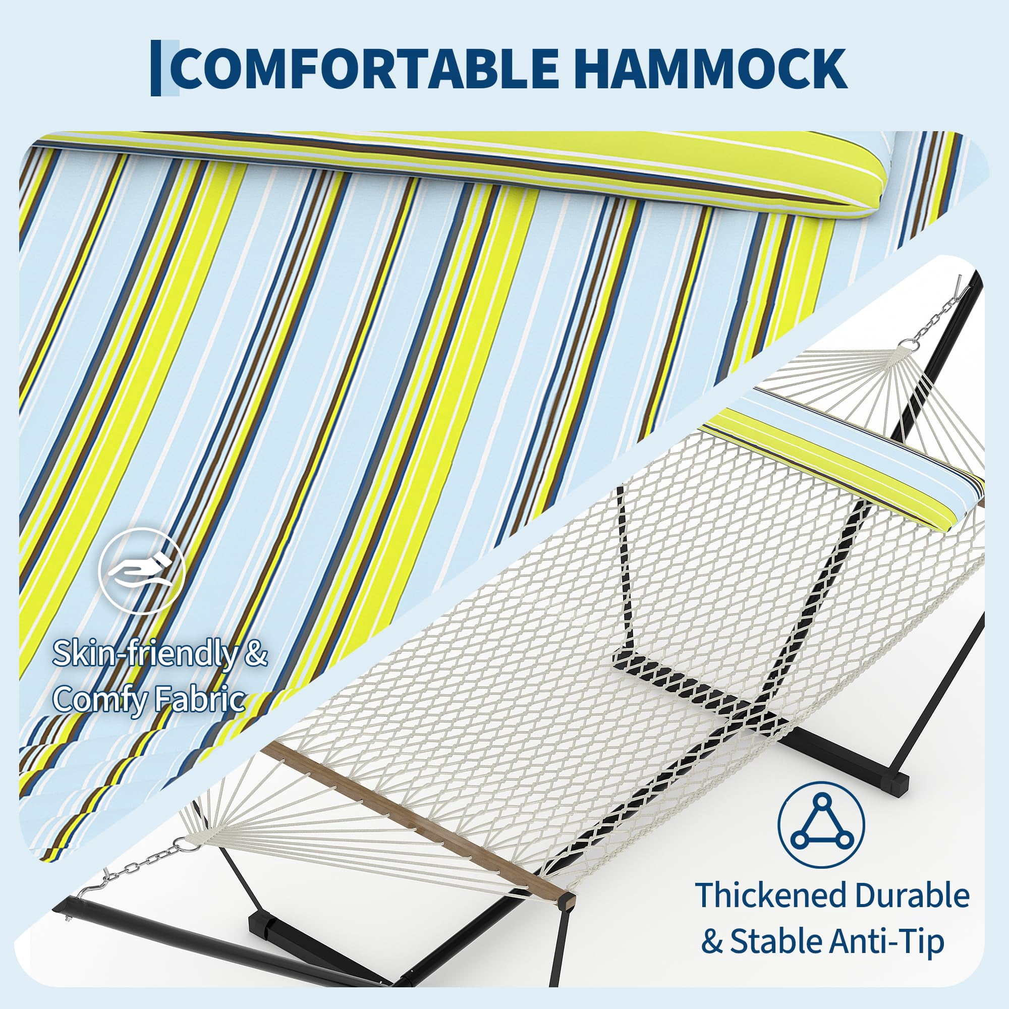 450 Lbs Capacity 2-Person Double Hammock with Stand - Portable Breathable Cotton Rope Hammock with Reversible Quilted Pad & Pillow for Patio, Garden & Camping