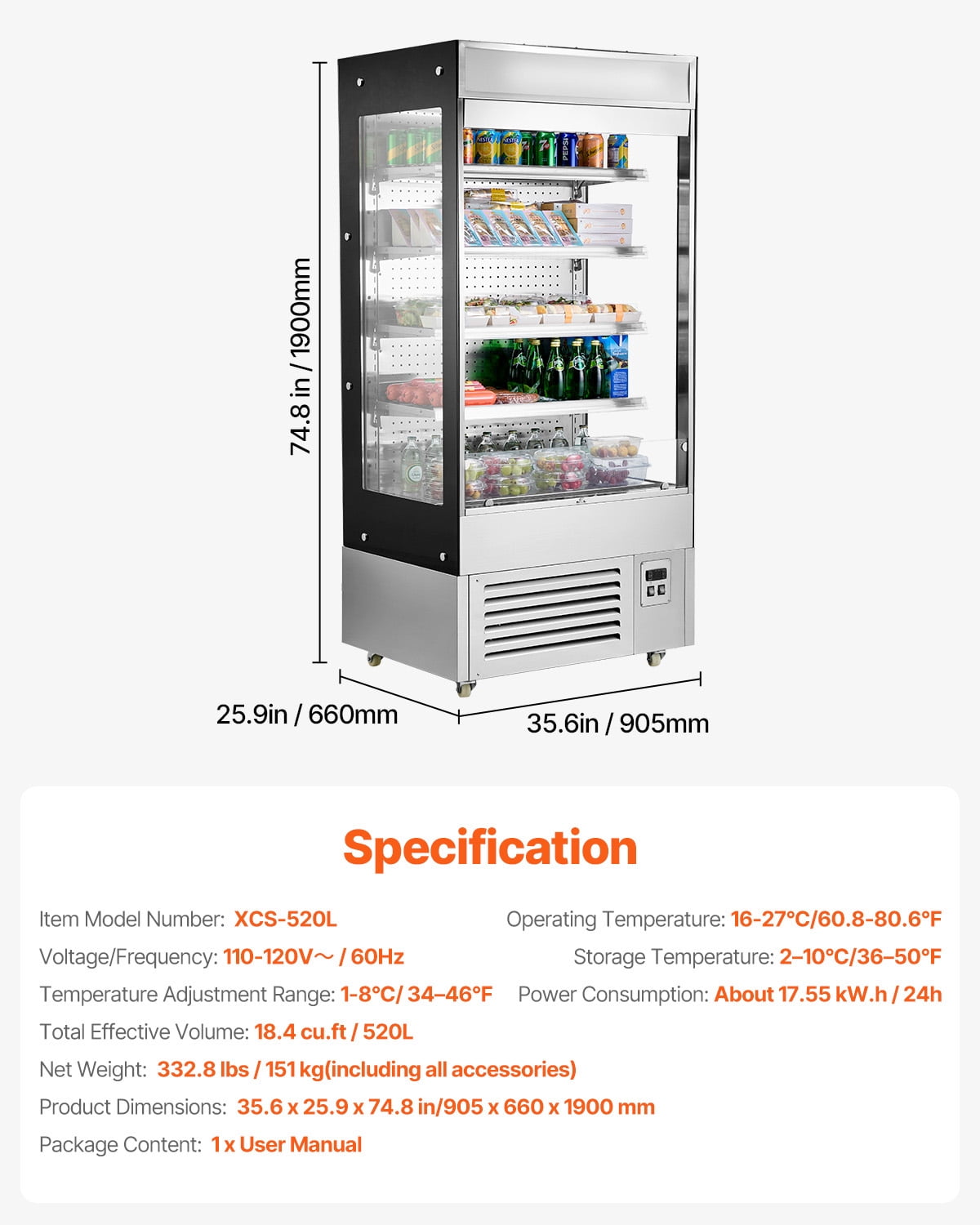 KFFKFF Outdoor Display Fridge, 4-Level Rack Business Freezer, Quick Access Showcase Chiller with Air Veil, Illuminated Promotion Lamp, Suitable for Eateries, Shops, Workplaces, 18.4 cubic feet.