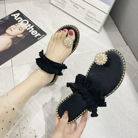 

ZXHACSJ Women Girls Pearl Flat Bohemian Style Casual Sandals Slippers Beach Shoes Black 40