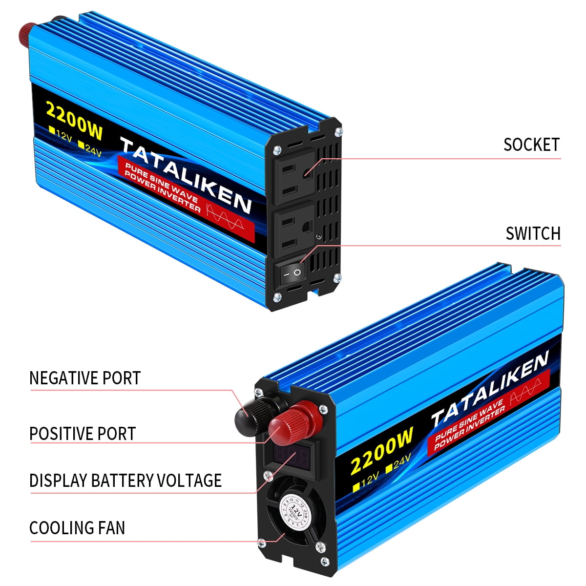 TATALIKEN 2200W（Rating power 1000 W）Pure Sine Wave Power Inverter DC 12V to AC 110V/120V Car Inverter with Battery Clamp Cable 2 AC Outlets for Power Tools Home Vehicles RV Truck, LCD Display Blue