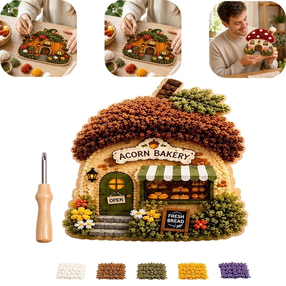 Whimsical Village 3D Fabric Poke Art Kit Cottagecore Room Decor 3D Fabric Poke Art Kit for Adults No Sew Press Technique Simple Illustrated Guide Six Fantasy Styles Relaxing Creative Hobby,A