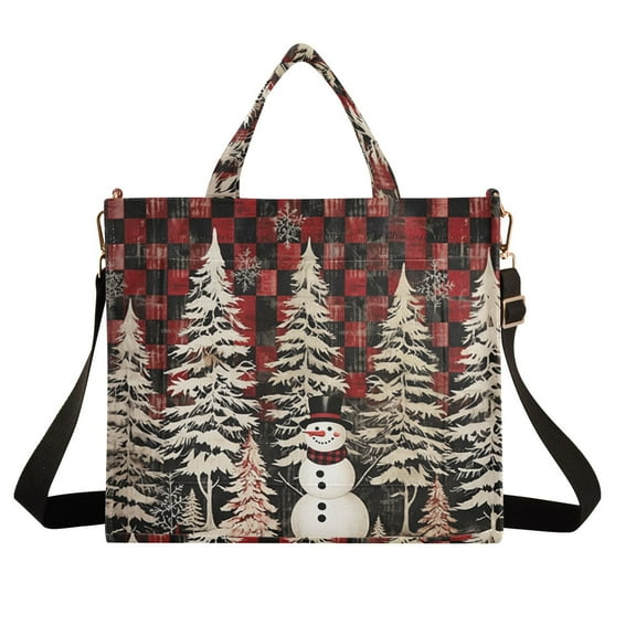 Christmas Snowman Grids Corduroy Tote Bag Handbag Large Messenger Bag Shoulder Crossbody Zipper Bag Purse