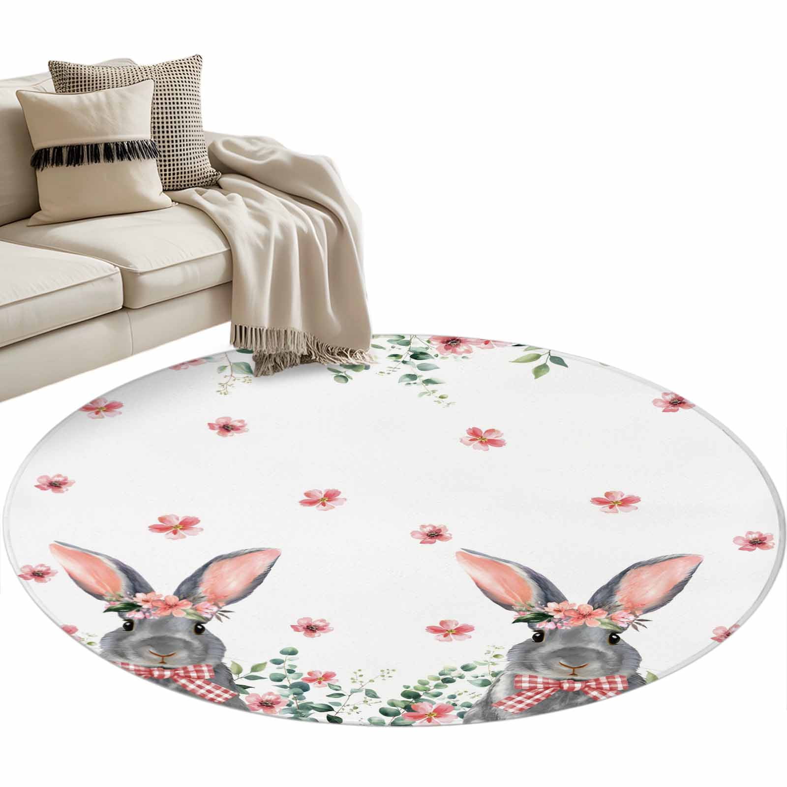 Round Area Rug 4ft Easter Rabbits Pink Flowers Non-Slip Non-Shedding Floor Mat Eucalyptus Leaves Washable Sturdy Carpet for Living Room Bedroom Home Decor