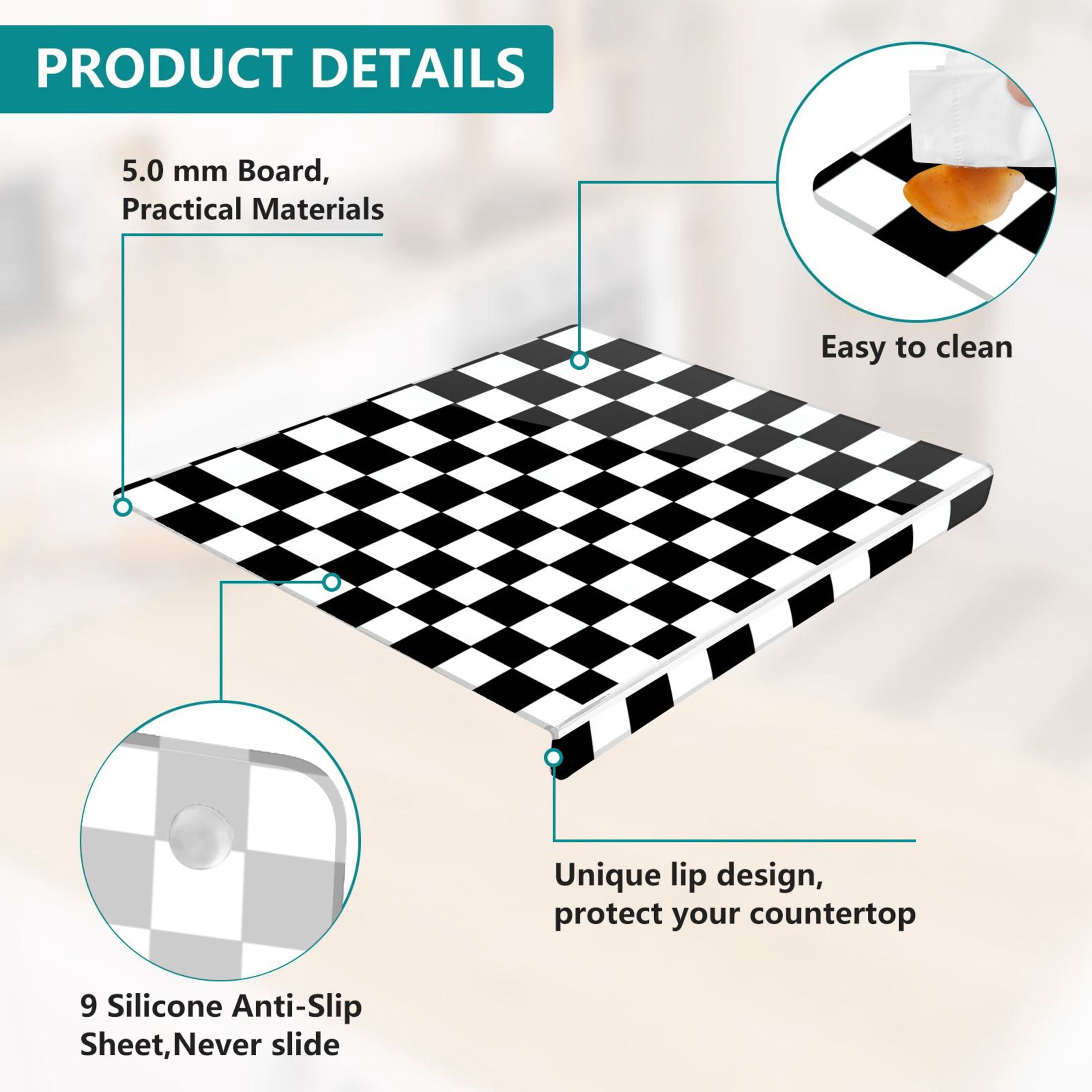 13.4" x 16.5" Food-Grade Acrylic Cutting Board Non-Slip Kitchen Chopping Board Classic Black-and-white Checkered Pattern