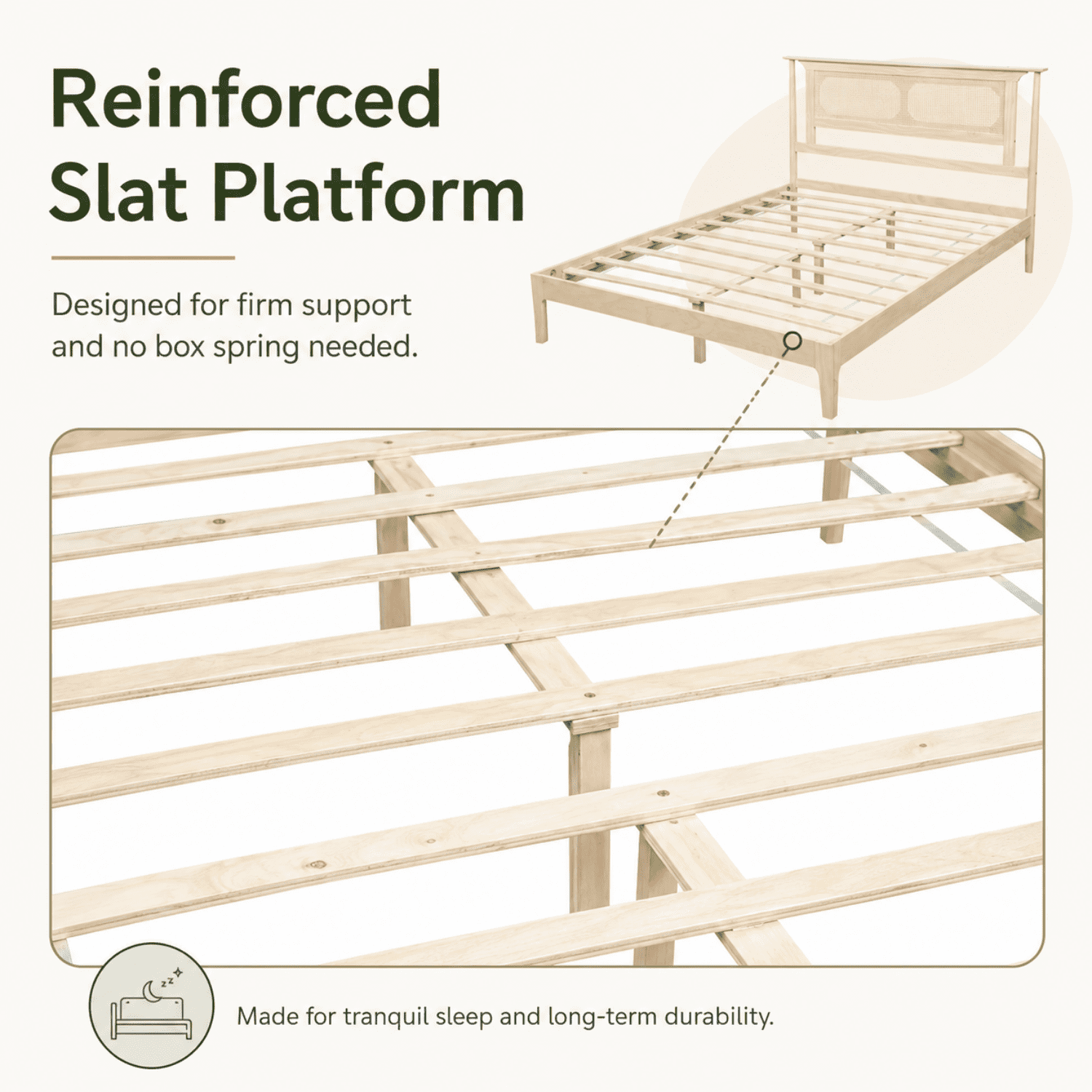 Miniyam Queen Bed Frame with PE Rattan Headboard, Pine Platform Bed, Natural