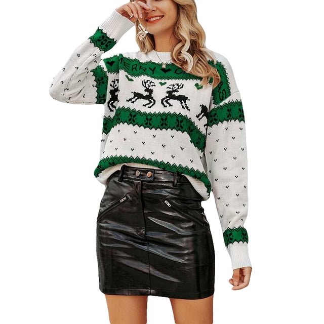 Suéter navideño para mujer de Rteyno, suéteres de manga larga con estampado de alces, suéteres de cuello redondo para otoño e invierno