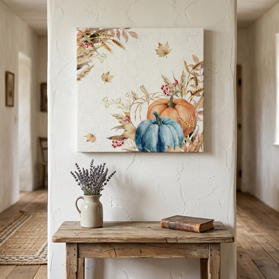 Ships Next Day Canvas Wall Art 12"x12",Orange Blue Pumpkin Fall Wood Framed Canvas Print Painting,Thanksgiving Wheat Botanical Vintage Ready to Hang Picture Wall Decor for Kitchen Dining Room Office