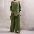thumbnail image 4 of qILAKOG Women's Autumn Cotton Linen Set Womens Plus Size 2 Piece Lounge Sets Long/Short Sleeve Pockets Shirt and Elastic Waist Wide Leg Pants Sets Streetwear Casual Tracksuit, L&Green, 4 of 7