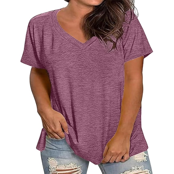 CYMMPU Women's Plus Size V Neck T Shirts Short Sleeve Tops Solid Fashion Casual Summer Tshirts Loose Fit Tees Wine XXXXXL