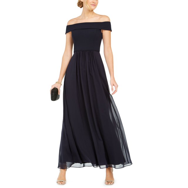 Adrianna Papell Robe en Chiffon Épaules Dénudées, Marine, 6