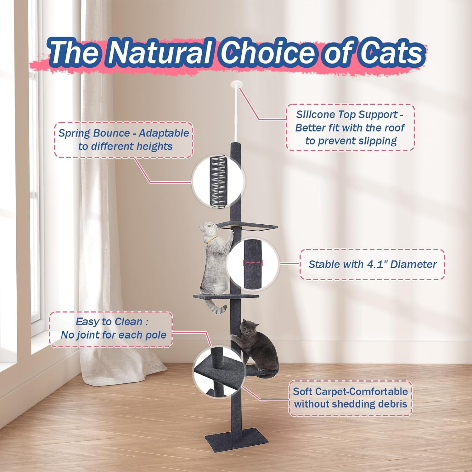 Cat Craft Floor to Ceiling Cat Tree Tower with 4-Tiers for Climbing, Adjustable to Fit 7.5-9 Foot Tall Ceiling, Charcoal