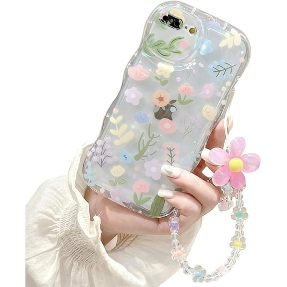 Compatible with iPhone 7Plus/8Plus case, Cute Colorful Flower Print with Lovely Flower Bracelet Chain, Wave Border Clear Phone Case, Soft TPU Shockproof Protective Case for Women Girls